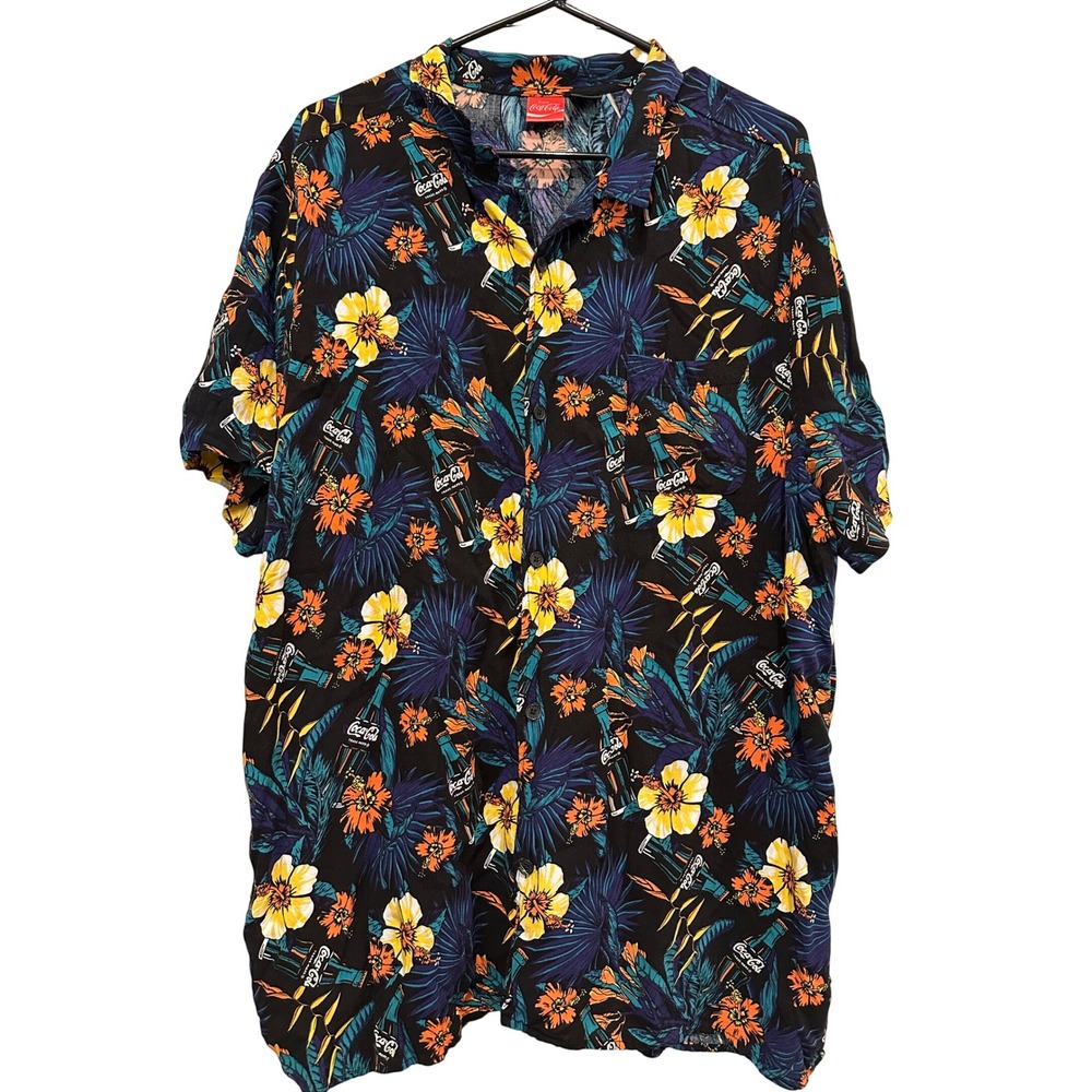 Coca Cola Hawaiian Shirt Mens XXL Black Floral Tropical Coca Cola Bottles Aloha
